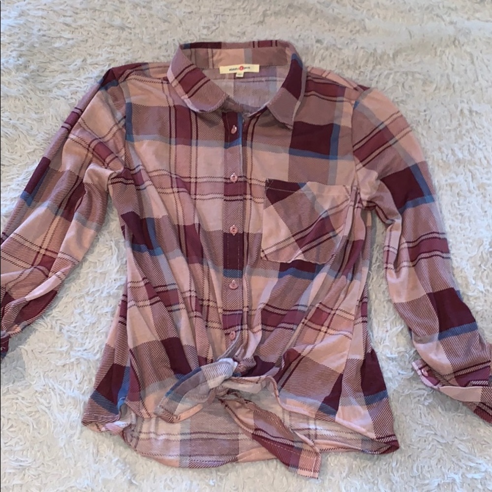 Pink, purple, and blue plaid shirt